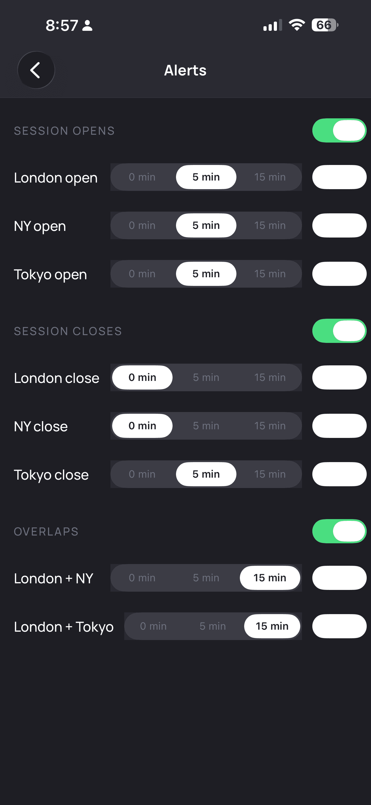 seize Alerts screen — per-session open, close and overlap notifications with 0, 5, or 15 minute lead times